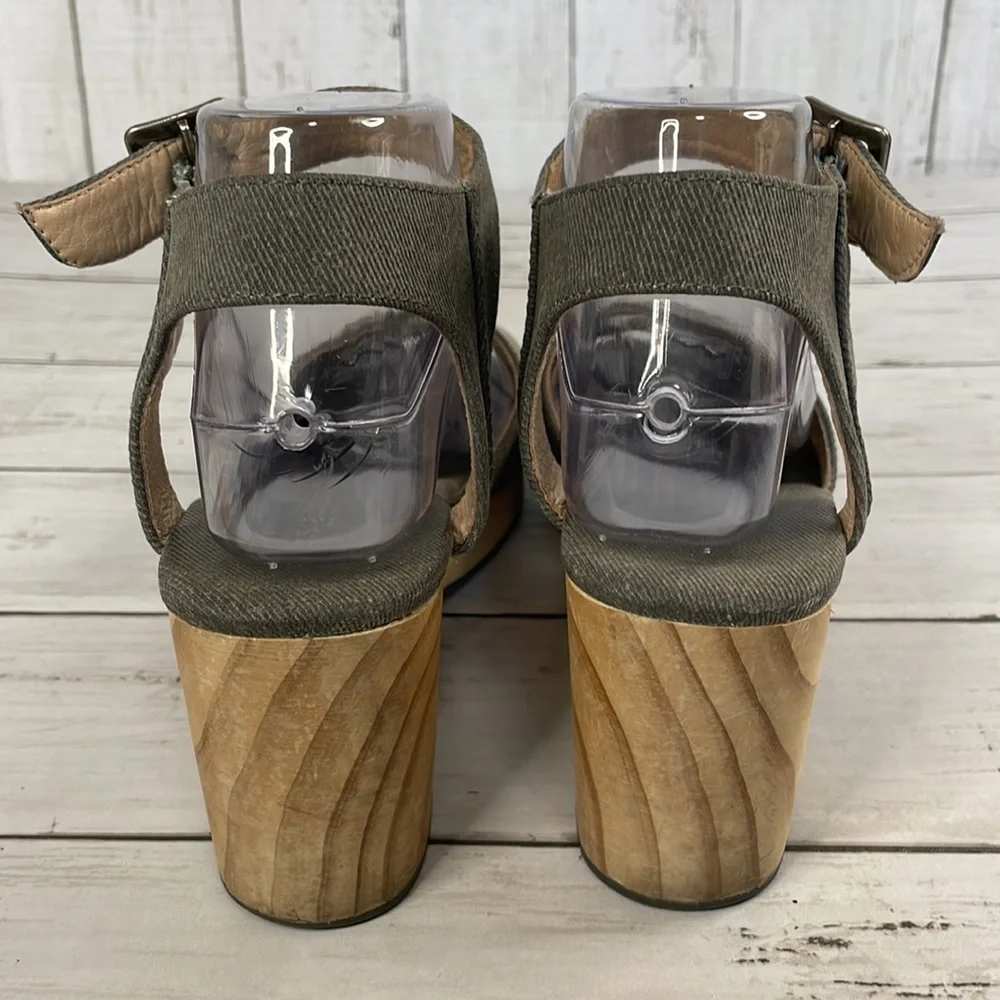 Kelsi Dagger Brooklyn Gray Denim Wooden Platform Heel Sandals